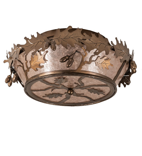 Meyda Lighting Oak Leaf & Acorn 82070 20" 4-Light Antique Copper Flush Mount Light With Silver Mica Shade Glass