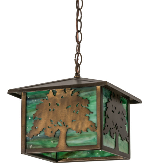 Meyda Lighting Oak Tree 17" Antique Copper Lantern Pendant Light With Greenish Brown Art Shade Glass