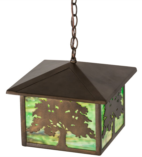 Meyda Lighting Oak Tree 17" Antique Copper Lantern Pendant Light With Greenish Brown Art Shade Glass