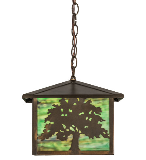 Meyda Lighting Oak Tree 17" Antique Copper Lantern Pendant Light With Greenish Brown Art Shade Glass