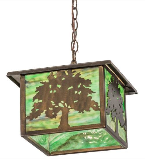 Meyda Lighting Oak Tree 17" Antique Copper Lantern Pendant Light With Greenish Brown Art Shade Glass