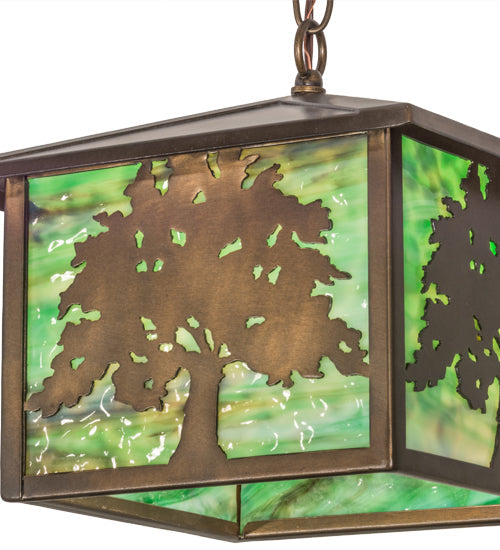Meyda Lighting Oak Tree 17" Antique Copper Lantern Pendant Light With Greenish Brown Art Shade Glass
