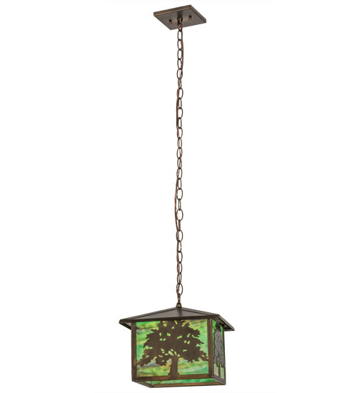 Meyda Lighting Oak Tree 17" Antique Copper Lantern Pendant Light With Greenish Brown Art Shade Glass