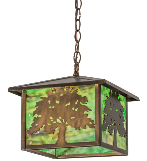 Meyda Lighting Oak Tree 17" Antique Copper Lantern Pendant Light With Greenish Brown Art Shade Glass
