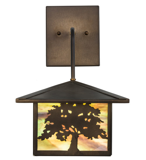 Meyda Lighting Oak Tree 30603 10" Antique Copper Lantern Wall Sconce With Green Art Shade Glass