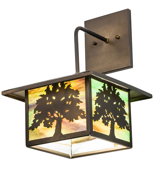 Meyda Lighting Oak Tree 30603 10" Antique Copper Lantern Wall Sconce With Green Art Shade Glass