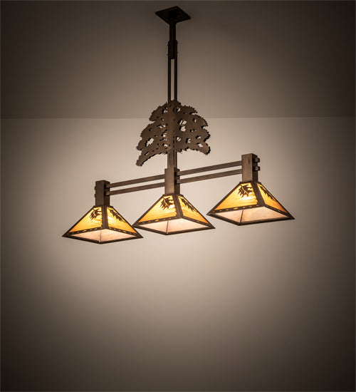 Meyda Lighting Oak Tree 45" 3-Light Antique Copper Leaf Island Pendant Light With Honey Amber Shade Glass
