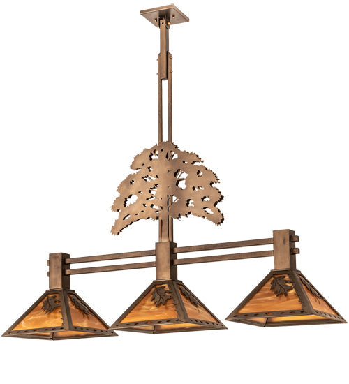 Meyda Lighting Oak Tree 45" 3-Light Antique Copper Leaf Island Pendant Light With Honey Amber Shade Glass