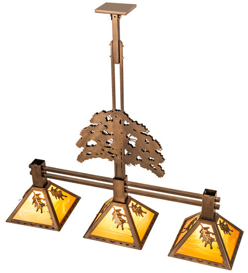 Meyda Lighting Oak Tree 45" 3-Light Antique Copper Leaf Island Pendant Light With Honey Amber Shade Glass