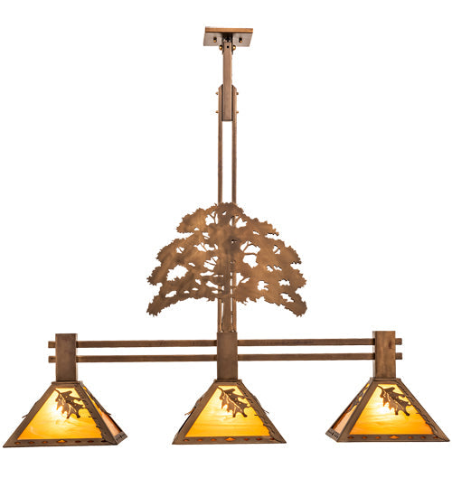 Meyda Lighting Oak Tree 45" 3-Light Antique Copper Leaf Island Pendant Light With Honey Amber Shade Glass