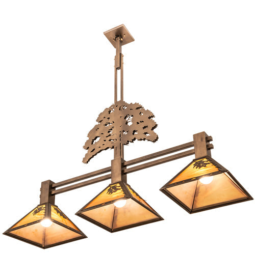 Meyda Lighting Oak Tree 45" 3-Light Antique Copper Leaf Island Pendant Light With Honey Amber Shade Glass