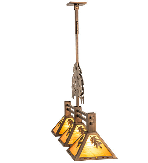 Meyda Lighting Oak Tree 45" 3-Light Antique Copper Leaf Island Pendant Light With Honey Amber Shade Glass