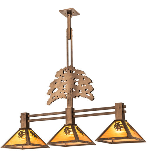 Meyda Lighting Oak Tree 45" 3-Light Antique Copper Leaf Island Pendant Light With Honey Amber Shade Glass