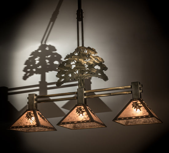 Meyda Lighting Oak Tree 45" 3-Light Antique Copper Leaf Island Pendant Light With Silver Mica Shade Glass