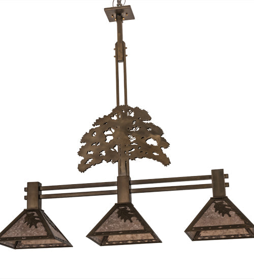 Meyda Lighting Oak Tree 45" 3-Light Antique Copper Leaf Island Pendant Light With Silver Mica Shade Glass
