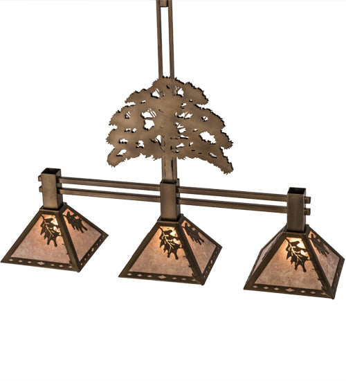 Meyda Lighting Oak Tree 45" 3-Light Antique Copper Leaf Island Pendant Light With Silver Mica Shade Glass