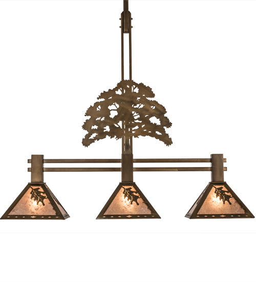 Meyda Lighting Oak Tree 45" 3-Light Antique Copper Leaf Island Pendant Light With Silver Mica Shade Glass