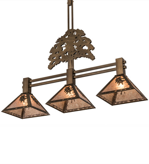 Meyda Lighting Oak Tree 45" 3-Light Antique Copper Leaf Island Pendant Light With Silver Mica Shade Glass