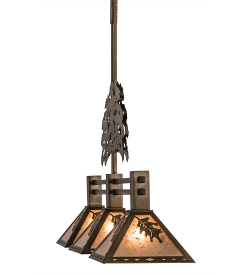 Meyda Lighting Oak Tree 45" 3-Light Antique Copper Leaf Island Pendant Light With Silver Mica Shade Glass