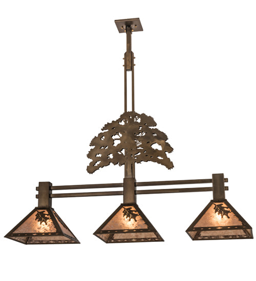 Meyda Lighting Oak Tree 45" 3-Light Antique Copper Leaf Island Pendant Light With Silver Mica Shade Glass