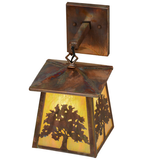 Meyda Lighting Oak Tree 8" Vintage Copper Hanging Wall Sconce With Beige Iridescent Shade Glass
