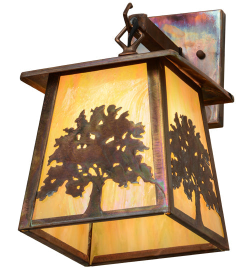 Meyda Lighting Oak Tree 8" Vintage Copper Hanging Wall Sconce With Beige Iridescent Shade Glass