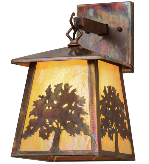 Meyda Lighting Oak Tree 8" Vintage Copper Hanging Wall Sconce With Beige Iridescent Shade Glass