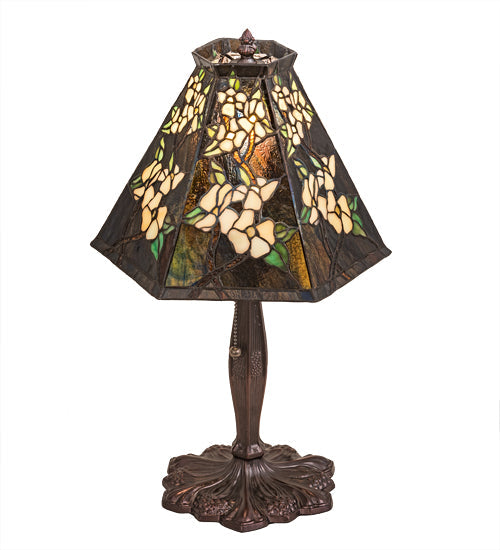 Meyda Lighting Oriental Peony 19" Mahogany Bronze Japanese Accent Table Lamp With Multi-Colored Shade Glass