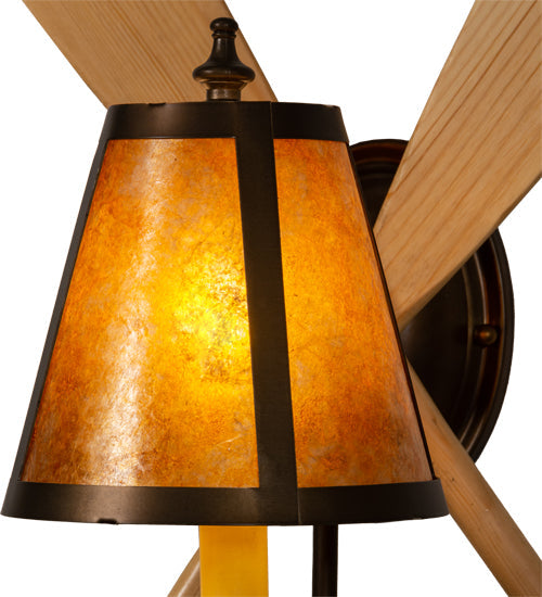Meyda Lighting Paddle 12" Antique Copper & Natural Wood Wall Sconce With Amber Mica Shade Glass