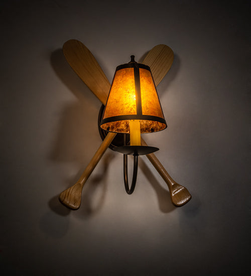 Meyda Lighting Paddle 12" Antique Copper & Natural Wood Wall Sconce With Amber Mica Shade Glass