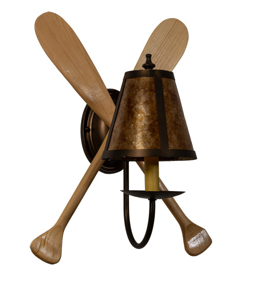 Meyda Lighting Paddle 12" Antique Copper & Natural Wood Wall Sconce With Amber Mica Shade Glass