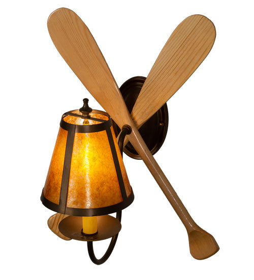 Meyda Lighting Paddle 12" Antique Copper & Natural Wood Wall Sconce With Amber Mica Shade Glass