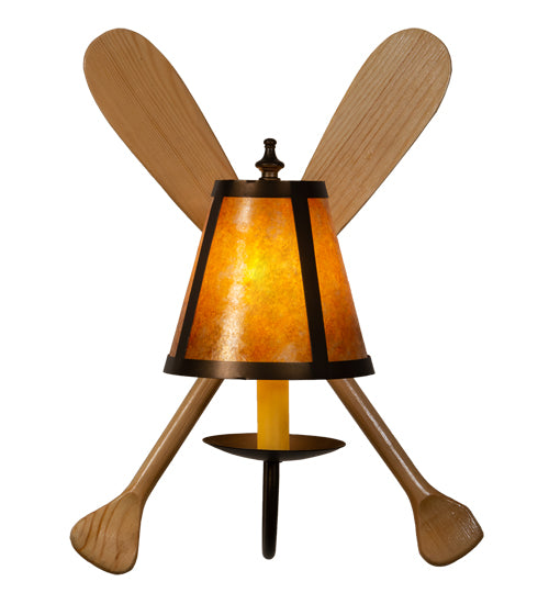 Meyda Lighting Paddle 12" Antique Copper & Natural Wood Wall Sconce With Amber Mica Shade Glass