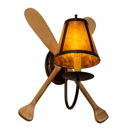 Meyda Lighting Paddle 12" Antique Copper & Natural Wood Wall Sconce With Amber Mica Shade Glass