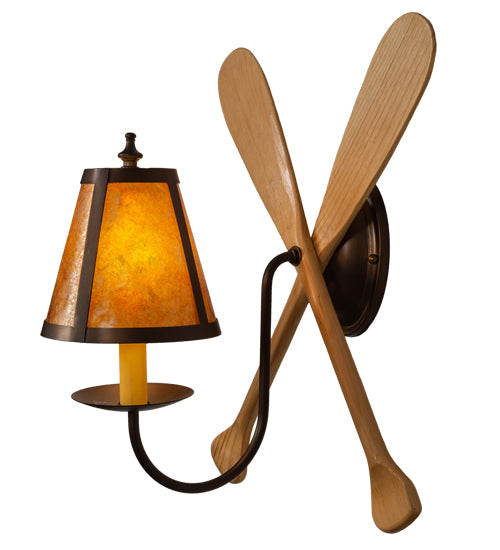 Meyda Lighting Paddle 12" Antique Copper & Natural Wood Wall Sconce With Amber Mica Shade Glass