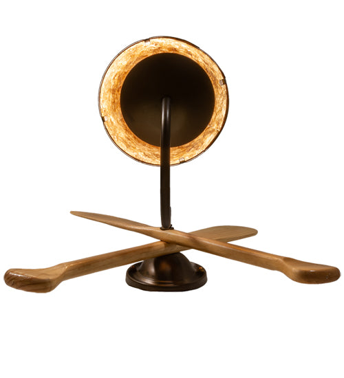 Meyda Lighting Paddle 12" Antique Copper & Natural Wood Wall Sconce With Amber Mica Shade Glass