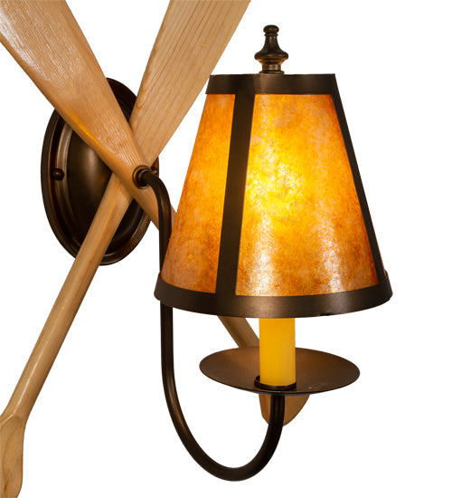 Meyda Lighting Paddle 12" Antique Copper & Natural Wood Wall Sconce With Amber Mica Shade Glass