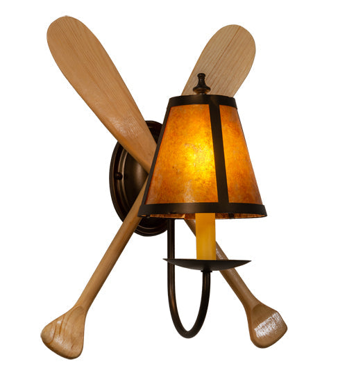 Meyda Lighting Paddle 12" Antique Copper & Natural Wood Wall Sconce With Amber Mica Shade Glass