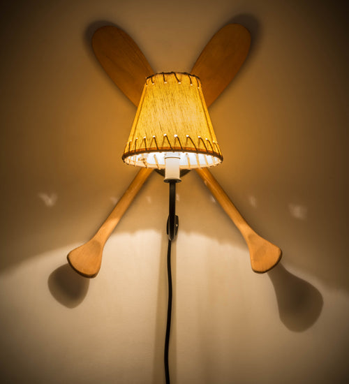 Meyda Lighting Paddle 14" Natural Wood & Textured Black Wall Sconce With Beige Textrene Shade