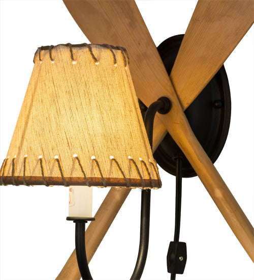 Meyda Lighting Paddle 14" Natural Wood & Textured Black Wall Sconce With Beige Textrene Shade