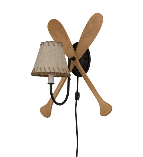 Meyda Lighting Paddle 14" Natural Wood & Textured Black Wall Sconce With Beige Textrene Shade