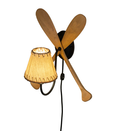 Meyda Lighting Paddle 14" Natural Wood & Textured Black Wall Sconce With Beige Textrene Shade