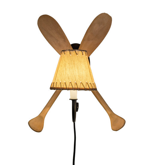 Meyda Lighting Paddle 14" Natural Wood & Textured Black Wall Sconce With Beige Textrene Shade