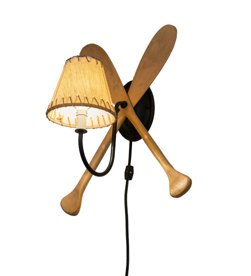 Meyda Lighting Paddle 14" Natural Wood & Textured Black Wall Sconce With Beige Textrene Shade