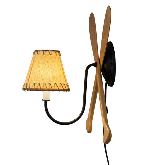 Meyda Lighting Paddle 14" Natural Wood & Textured Black Wall Sconce With Beige Textrene Shade
