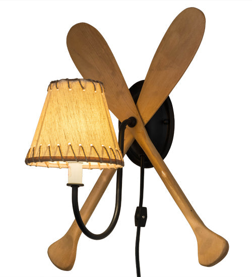 Meyda Lighting Paddle 14" Natural Wood & Textured Black Wall Sconce With Beige Textrene Shade