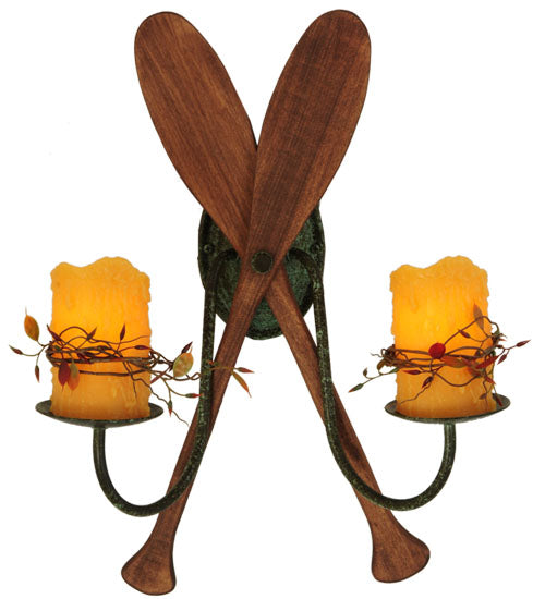 Meyda Lighting Paddle 15" 2-Light Natural Wood & Tarnished Copper Wall Sconce With Amber Shade