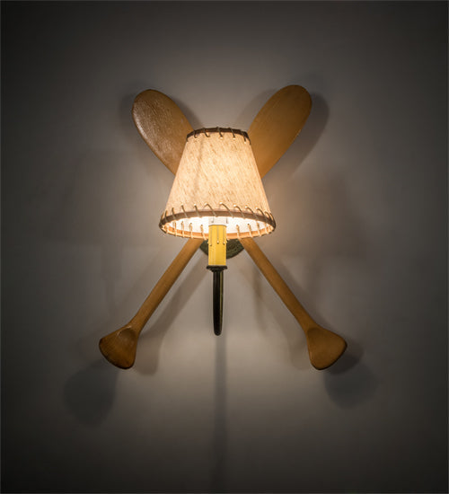 Meyda Lighting Paddle 16" Natural Wood & Tarnished Copper Wall Sconce With Brown & Beige Textrene Shade