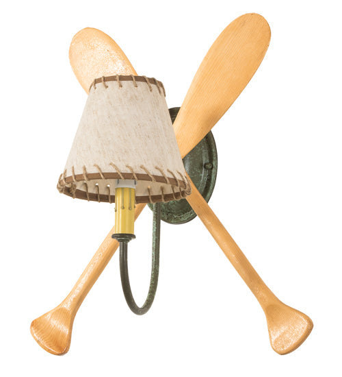 Meyda Lighting Paddle 16" Natural Wood & Tarnished Copper Wall Sconce With Brown & Beige Textrene Shade