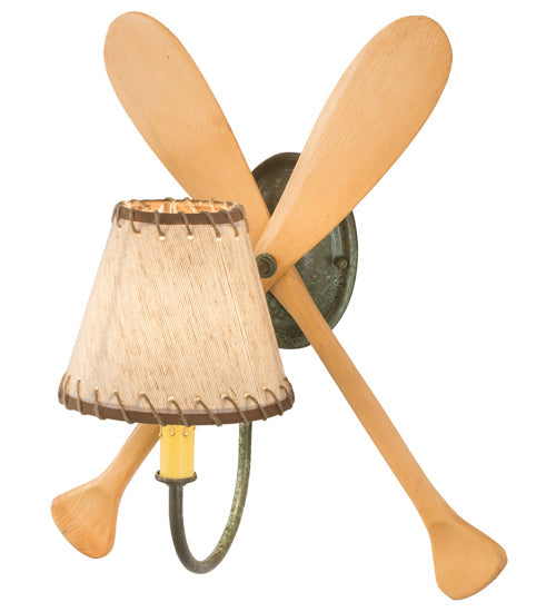 Meyda Lighting Paddle 16" Natural Wood & Tarnished Copper Wall Sconce With Brown & Beige Textrene Shade